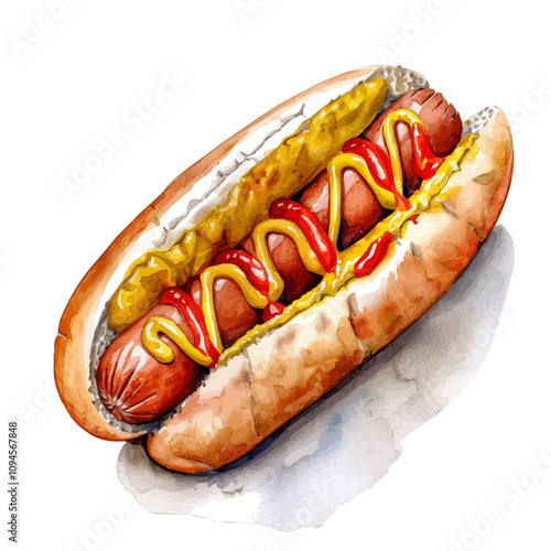 A watercolor clipart of Hot Dog, isolated on a white background. Hot Dog vector.