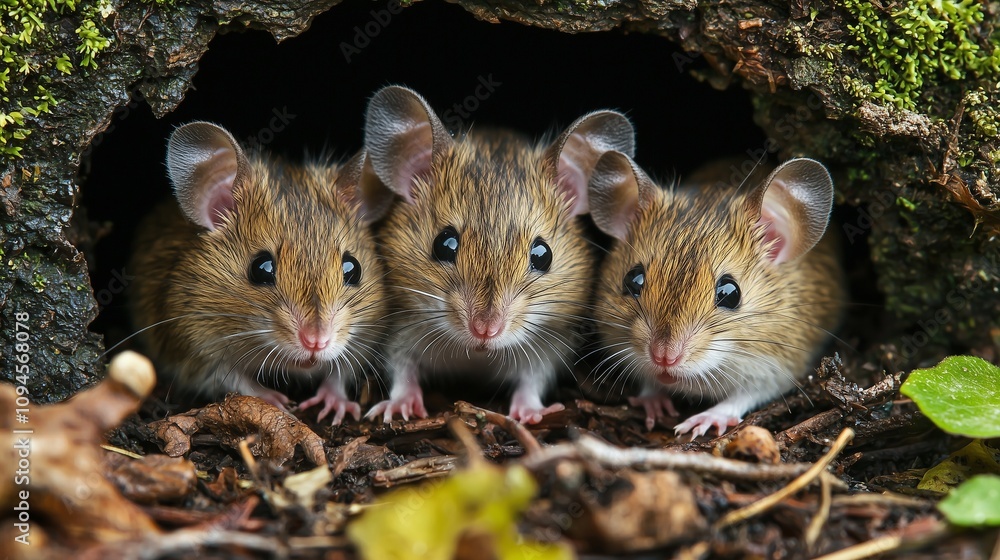 Three mice peeking from a burrow, symbolizing rodent infestation and the need for professional control services. Three mice peeking from a burrow, symbolizing rodent infestation and the need for professional control services.