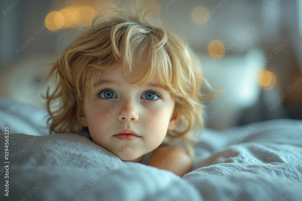 A little girl with blue eyes laying on a bed A little girl with blue eyes laying on a bed
