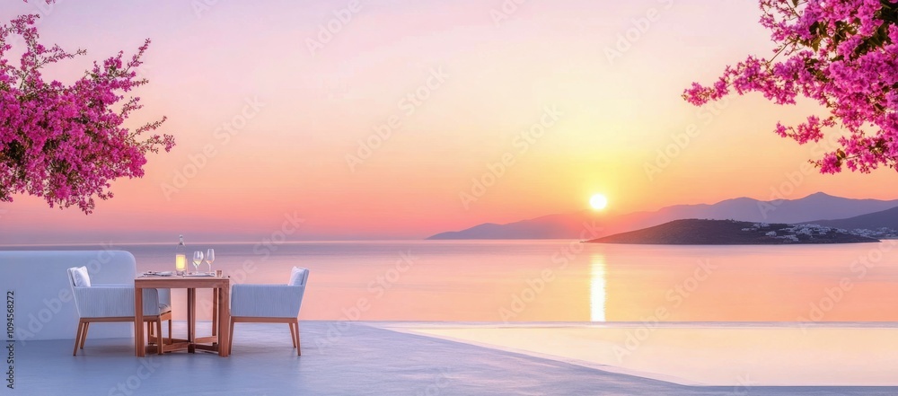 Romantic outdoor dining experience by the sea at sunset with blooming flowers Romantic outdoor dining experience by the sea at sunset with blooming flowers