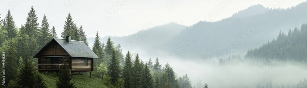 A secluded wooden cabin nestled among dense evergreen forests and misty mountains, offering a tranquil escape into nature. A secluded wooden cabin nestled among dense evergreen forests and misty mountains, offering a tranquil escape into nature.