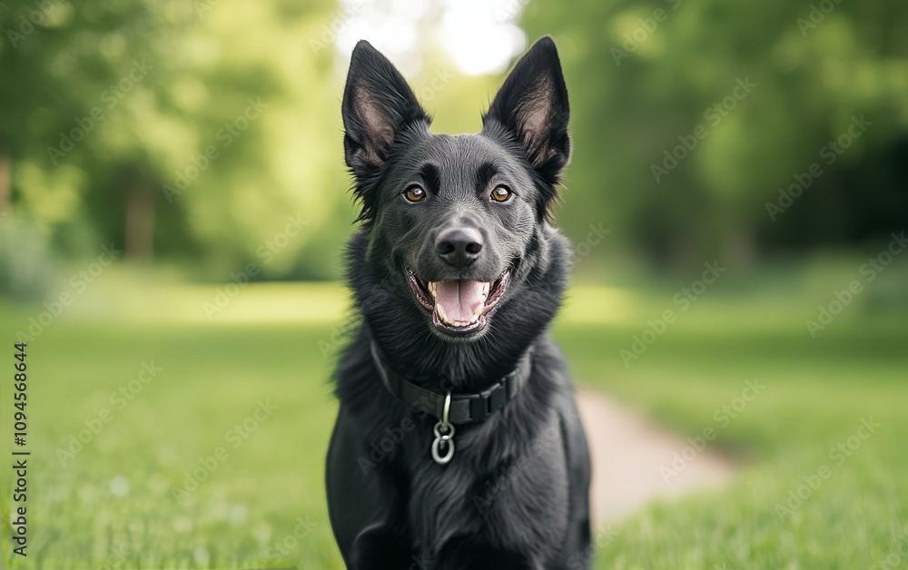 Black dog standing proudly in a sunny park surrounded by greenery Black dog standing proudly in a sunny park surrounded by greenery
