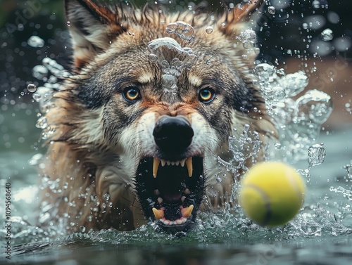 Professional close-up underwater low angle photo of a wolf underwater photo