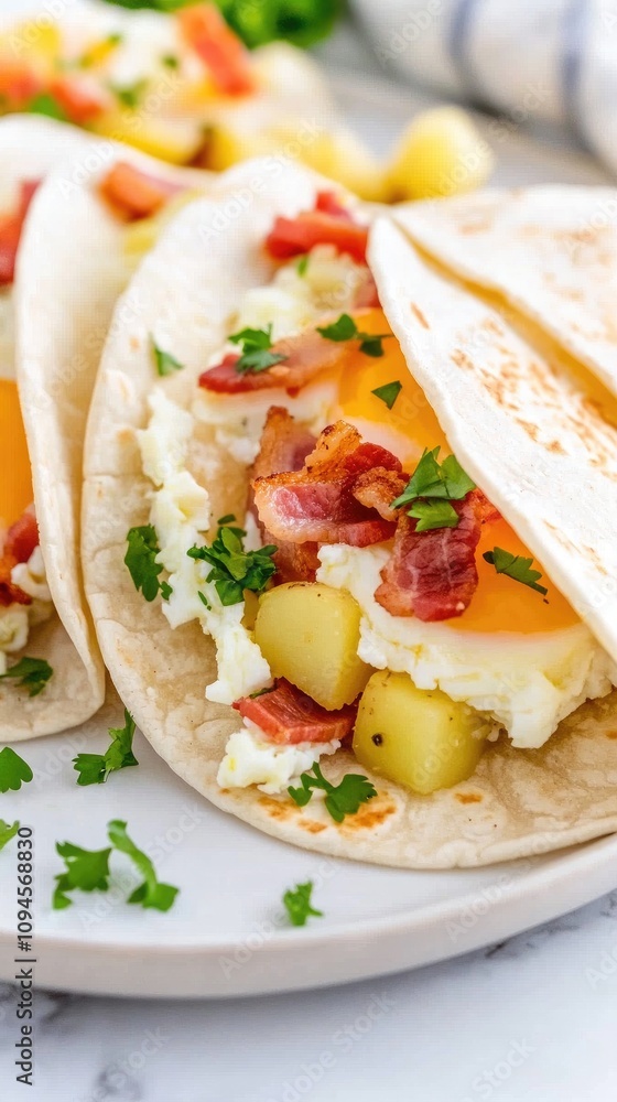 Breakfast tacos filled with eggs, bacon, and potatoes on a soft tortilla garnished with fresh herbs Breakfast tacos filled with eggs, bacon, and potatoes on a soft tortilla garnished with fresh herbs