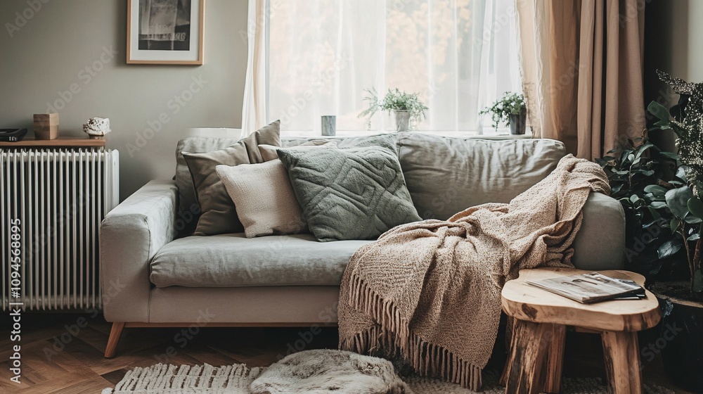 Comfortable sofa with knitted blanket and pillows in cozy living room interior Comfortable sofa with knitted blanket and pillows in cozy living room interior