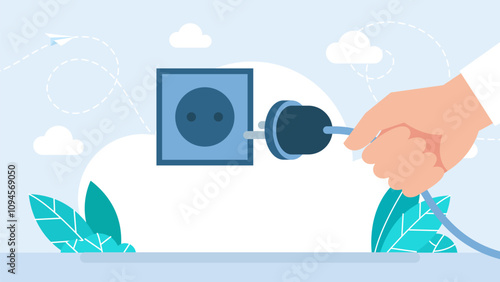 Unplugging hand. Error 404. Electrical safety rules and tips. Never pull a plug from an outlet by its cord. Close-up view of socket. Flat design. Vector illustration