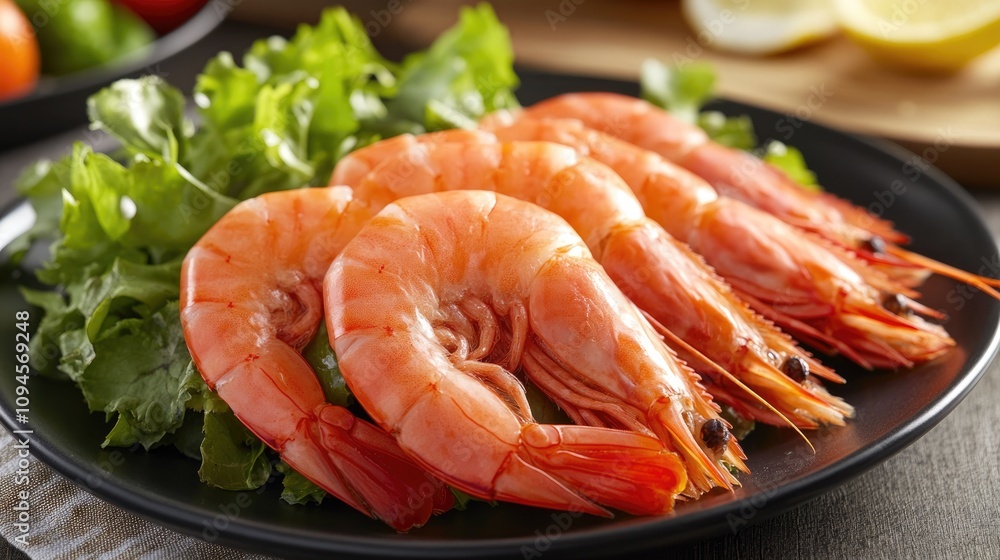 Chilled Argentine red prawns elegantly presented on a bed of fresh leafy greens, ready to be enjoyed with a vibrant salad. Chilled Argentine red prawns elegantly presented on a bed of fresh leafy greens, ready to be enjoyed with a vibrant salad.