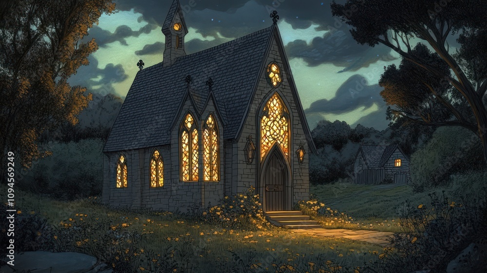 A quaint, illuminated church surrounded by nature at dusk, evoking a serene atmosphere. A quaint, illuminated church surrounded by nature at dusk, evoking a serene atmosphere.