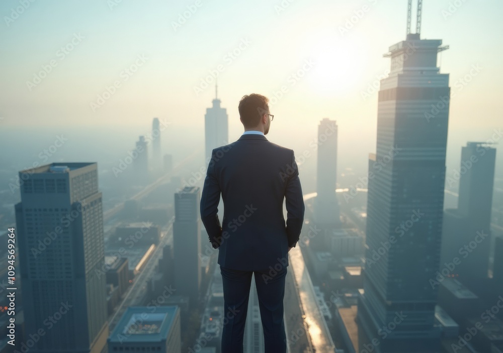 Business professional stands on a rooftop overlooking a city skyline at sunrise Business professional stands on a rooftop overlooking a city skyline at sunrise