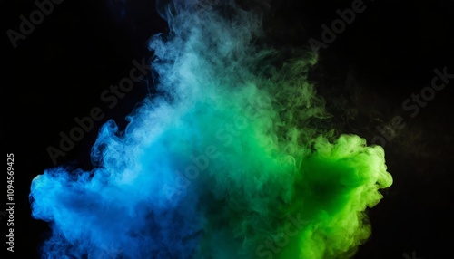 A surreal abstract backdrop featuring a mesmerizing cloud of green and blue smoke elegantly swirling against a deep black background, evoking a sense of soft mystery and ethereal allure.