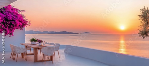 Romantic outdoor dining experience by the sea at sunset with blooming flowers