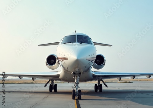 Business jet on runway during clear skies at an airfield