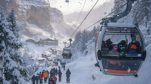 A ski resort cable car filled with skiers carrying their equipment.