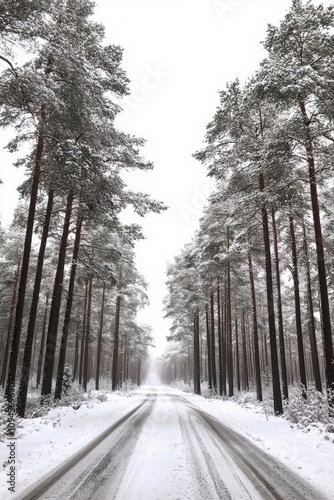 Snowy winding road through a forested landscape in winter