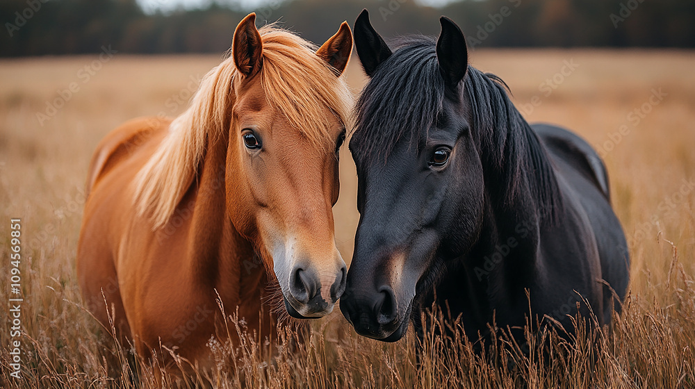 Two horses, one black and one light brown, are facing each other close together. Two horses, one black and one light brown, are facing each other close together.