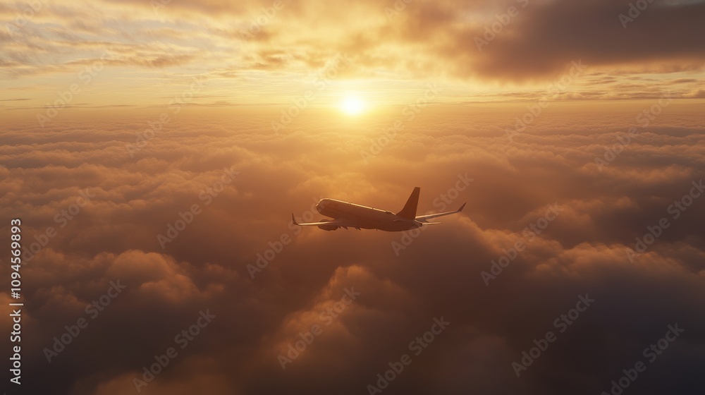 An airplane glides through the sky at sunset, surrounded by fluffy clouds. The vibrant colors of the evening sky enhance the tranquility of the travel experience. An airplane glides through the sky at sunset, surrounded by fluffy clouds. The vibrant colors of the evening sky enhance the tranquility of the travel experience.