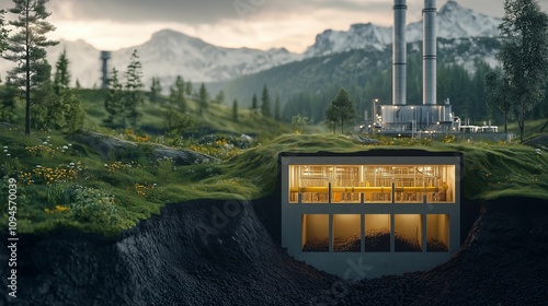 Underground facility with carbon storage and industrial pipes in a forest setting.