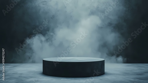 Wallpaper Mural A dark, cylindrical platform sits on a textured, grey floor against a smoky, dark blue textured wall. Torontodigital.ca
