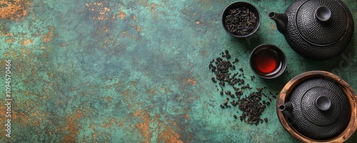 Delicious black tea preparation with a teapot and dried tea leaves on a rusti...