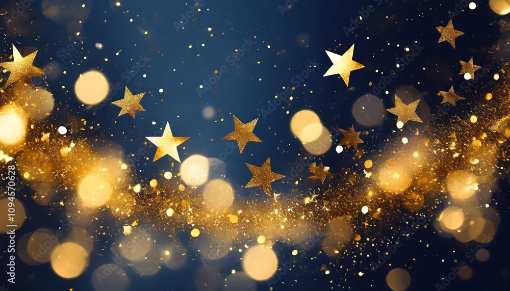 Elegant abstract background featuring golden star particles and sparkling accents on a rich navy-blue backdrop, perfect for Christmas, holiday designs, or luxurious festive celebrations. Elegant abstract background featuring golden star particles and sparkling accents on a rich navy-blue backdrop, perfect for Christmas, holiday designs, or luxurious festive celebrations.