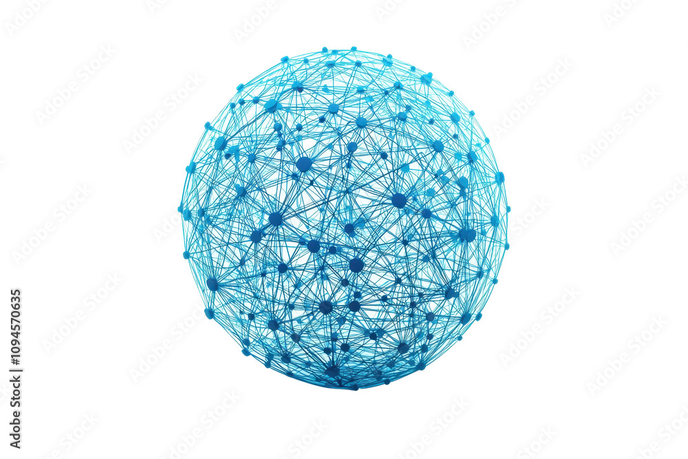 A spherical network structure composed of interconnected blue lines and nodes. A spherical network structure composed of interconnected blue lines and nodes.