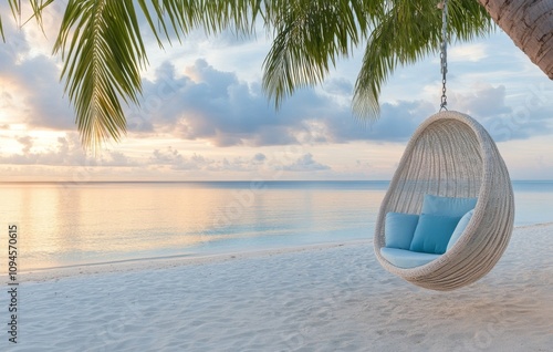 Tranquil beach setting with a hanging chair by the water at sunset