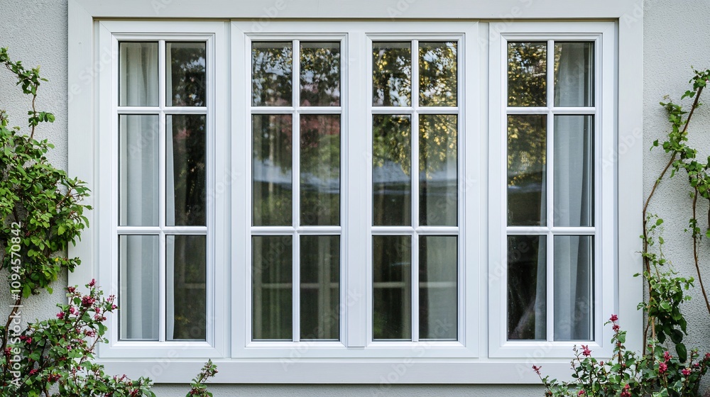 White window with muntins reflecting greenery and sunlight White window with muntins reflecting greenery and sunlight