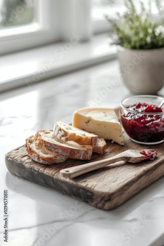 Delicious cheese and bread platter served with berry jam on a wooden board