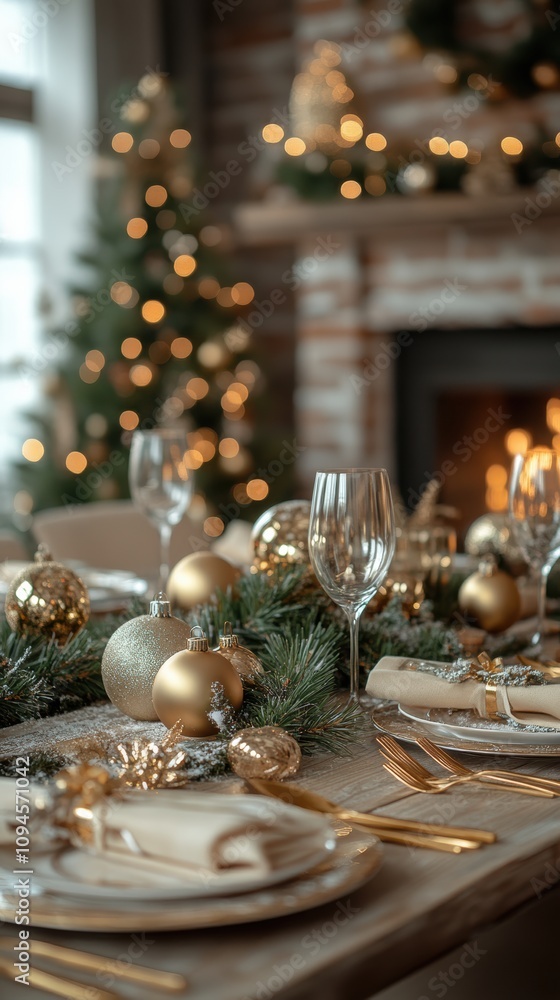 Christmas dinner table setting by fireplace with golden cutlery