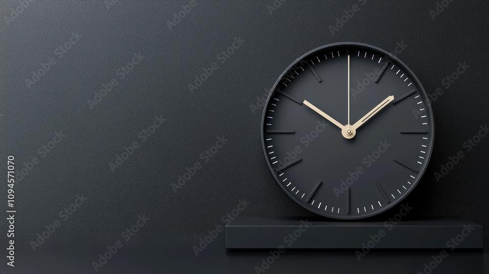 Modern black wall clock on sleek surface against dark background Modern black wall clock on sleek surface against dark background