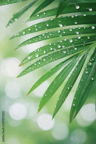 Close view of green palm leaves glistening with water droplets during a sunny...