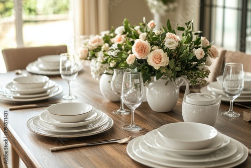 Elegant table setting with peach roses centerpiece, white tableware, and wooden table.