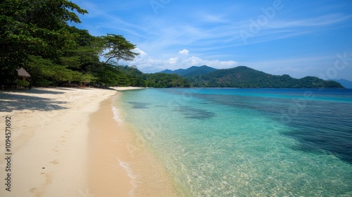 Tranquil Beach with Clear Blue Water and Lush Green Hills