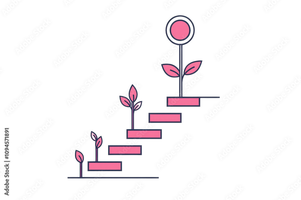 Fototapeta premium A stylized illustration of ascending steps with growing plants and a circular icon, symbolizing growth and progression.
