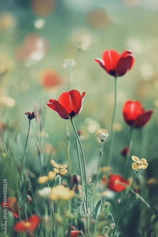 Obraz premium Colorful tulips blooming in a field during springtime with soft lighting and gentle background