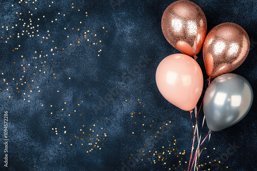 Colorful balloons on stunning dark background with sparkling confetti for festive celebrations