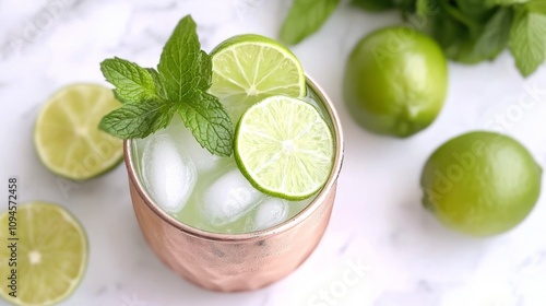 Refreshing mint mojito with lime on a marble table