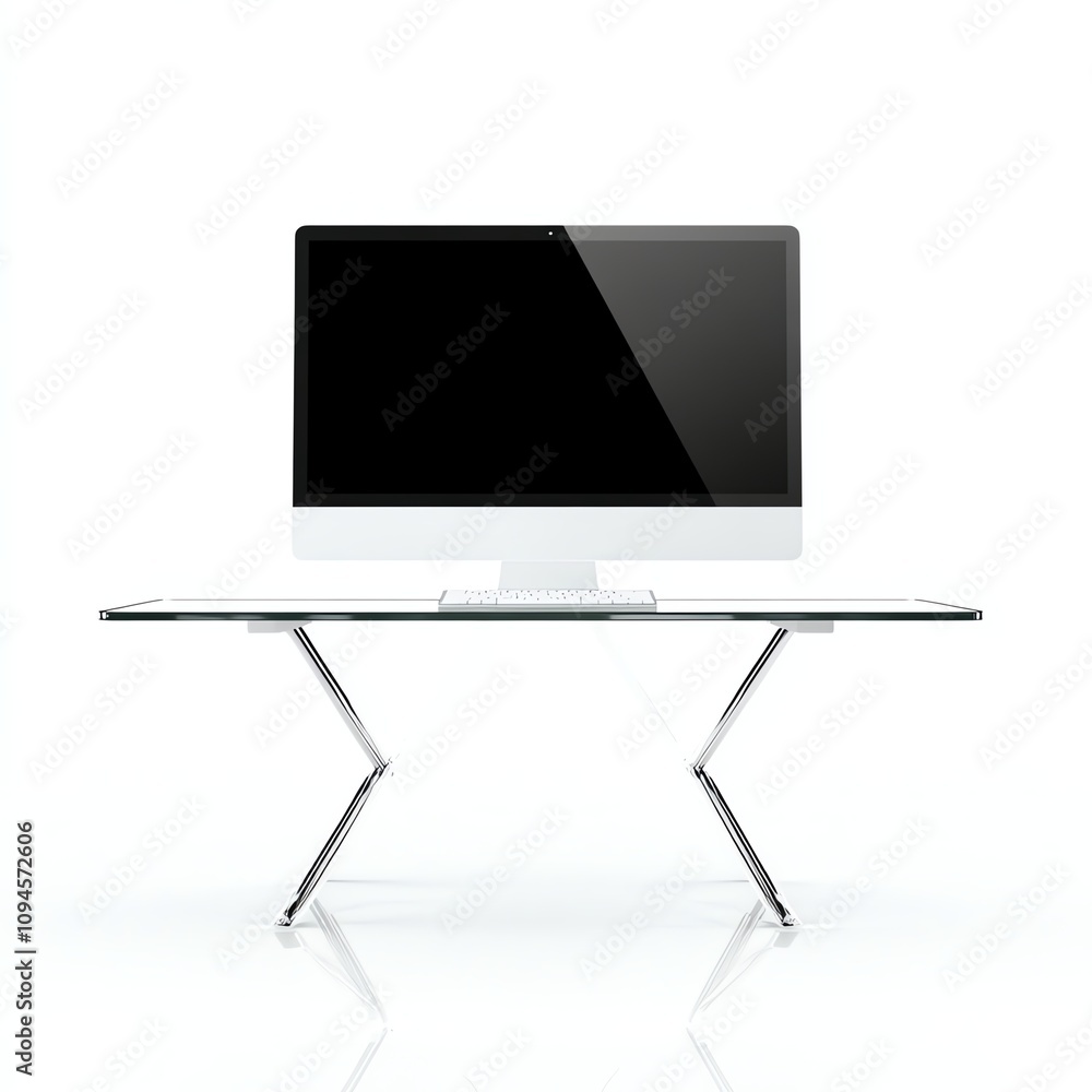Computer on a glass desk with a modern design and white isolated background. Computer on a glass desk with a modern design and white isolated background.