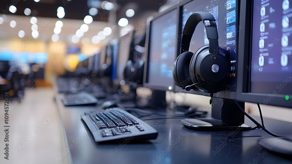 Gaming Headset on Computer Desk - Illustration Gaming Headset on Computer Desk - Illustration