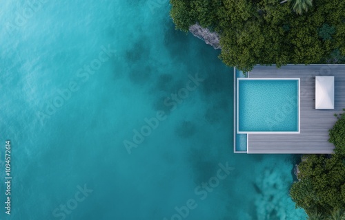Luxurious swimming pool overlooking crystal clear ocean surrounded by lush tr...