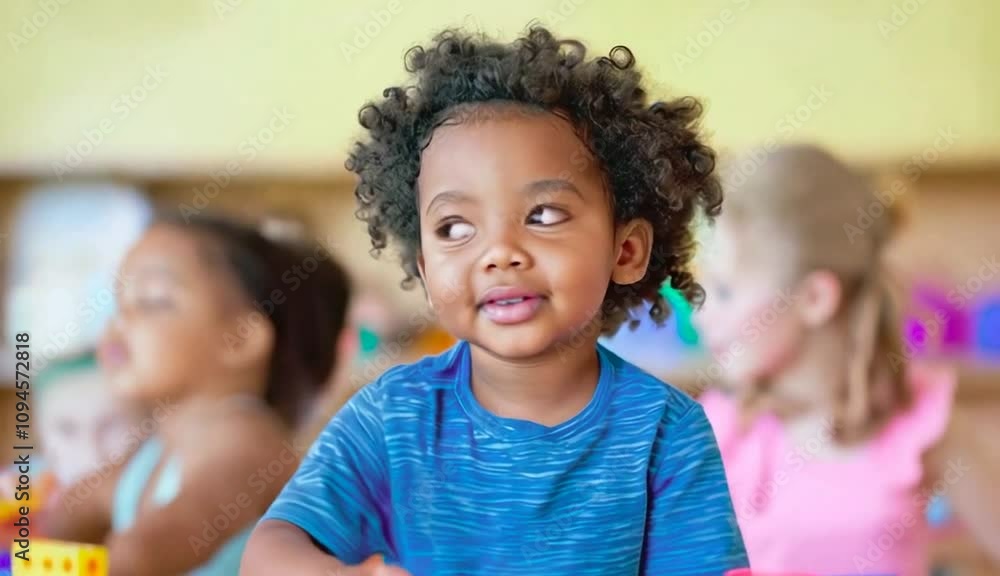A joyful child playing with colorful blocks in a classroom setting with peers in the background. A joyful child playing with colorful blocks in a classroom setting with peers in the background.