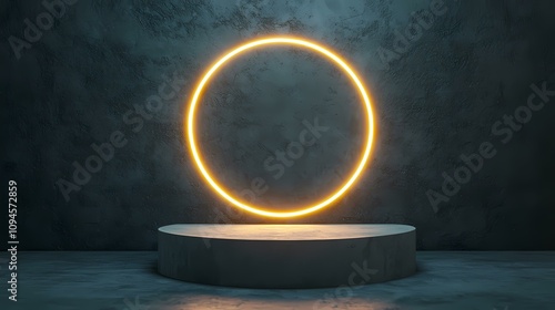 A dark, textured wall serves as a backdrop to a glowing yellow oval neon light, positioned above a circular, gray platform.