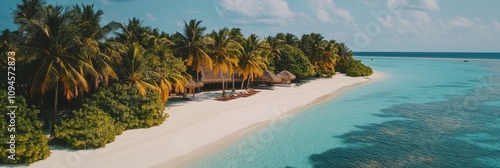 Tropical island resort with sandy beach and crystal clear water during sunny day