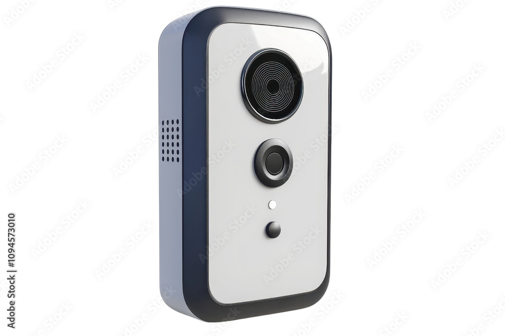A sleek security camera with a distinct lens and button interface, designed for monitoring and surveillance. A sleek security camera with a distinct lens and button interface, designed for monitoring and surveillance.