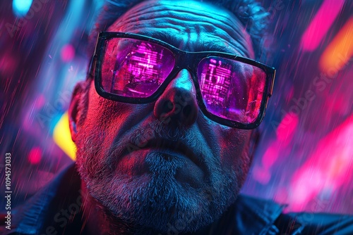 Cyberpunk hallucination portrait with neon reflections on futuristic glasses in a photorealistic style photo