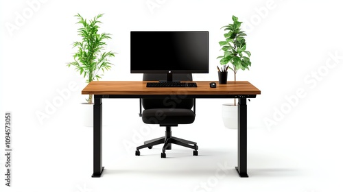 Modern office desk setup with computer and plants, white isolate background.