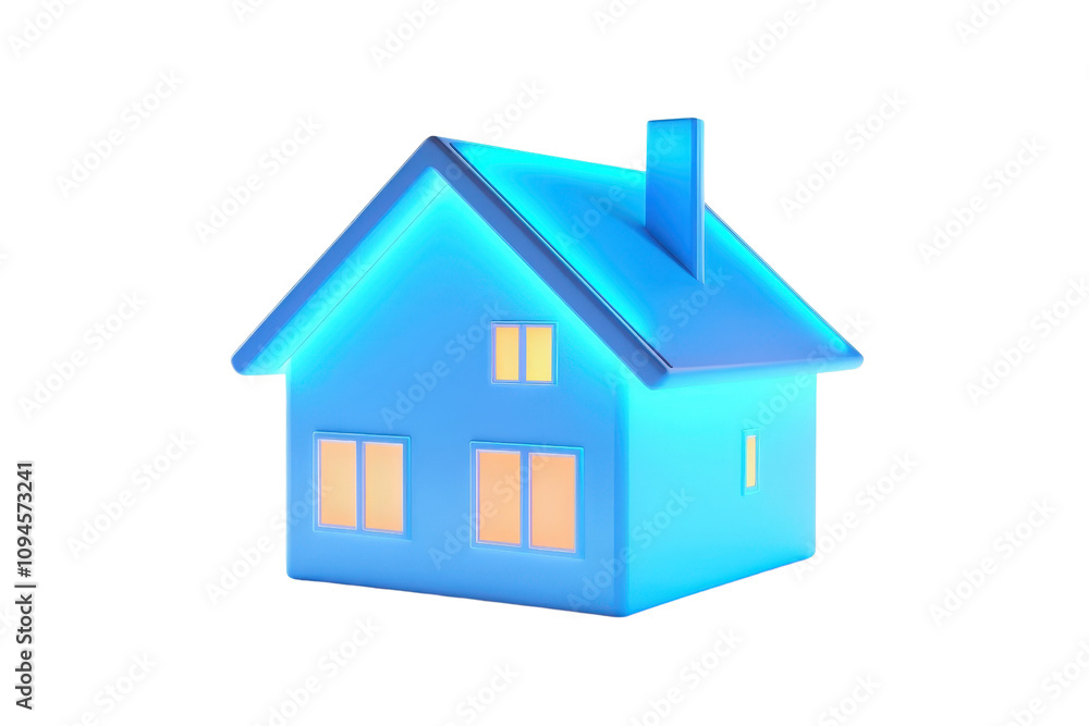 A glowing blue house with a chimney and illuminated windows, representing comfort and home. A glowing blue house with a chimney and illuminated windows, representing comfort and home.