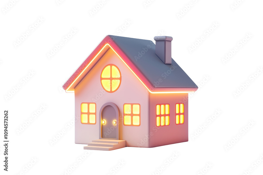 A charming house with glowing windows and a welcoming door, featuring a sloped roof and a chimney. A charming house with glowing windows and a welcoming door, featuring a sloped roof and a chimney.