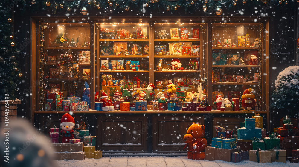 A charming holiday gift shop with shelves full of festive decorations, toys, and holiday cards, with snow falling outside the windows. A charming holiday gift shop with shelves full of festive decorations, toys, and holiday cards, with snow falling outside the windows.