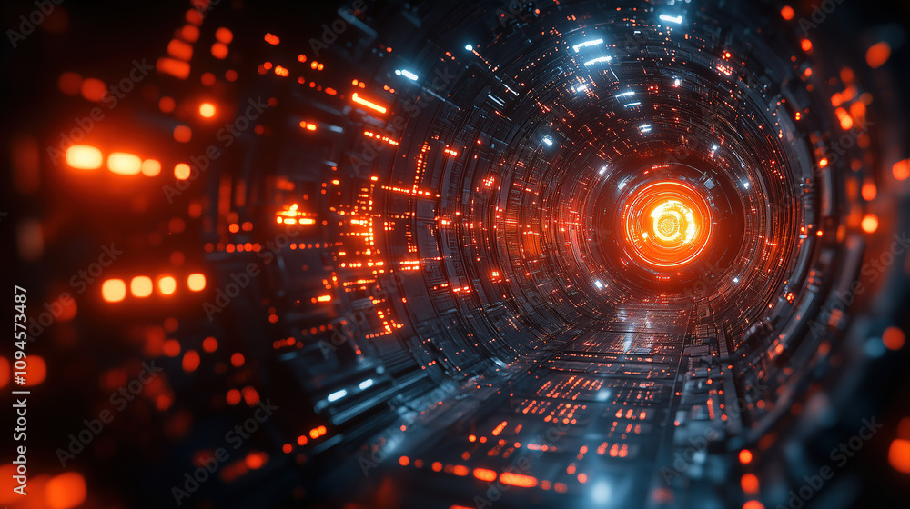 High-tech tunnel with glowing lights and digital patterns leading to a bright center in a futuristic environment. Generative AI High-tech tunnel with glowing lights and digital patterns leading to a bright center in a futuristic environment. Generative AI